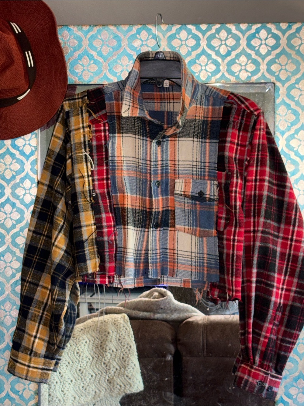 Womens flannel cropped Patchwork Plaid long sleeve shirt streetwear grunge Med.